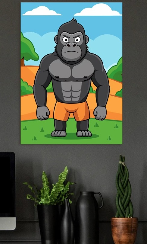 Angry Gorilla in Orange Shorts — metal poster wall art by Lineer